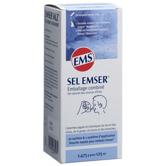 Эмсер Соль порошок 20 пакетиков по 1,475 г + устройство для промывания носа для детей