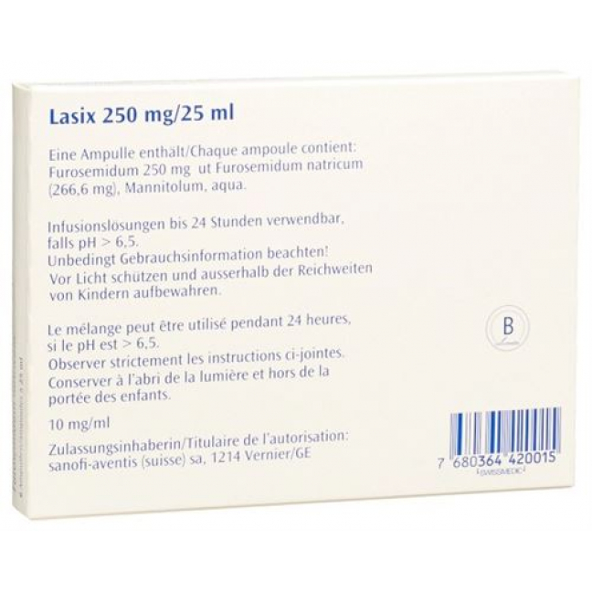 Лазикс раствор для в/в инфузий 250 мг / 25 мл  6 ампул по 25 мл