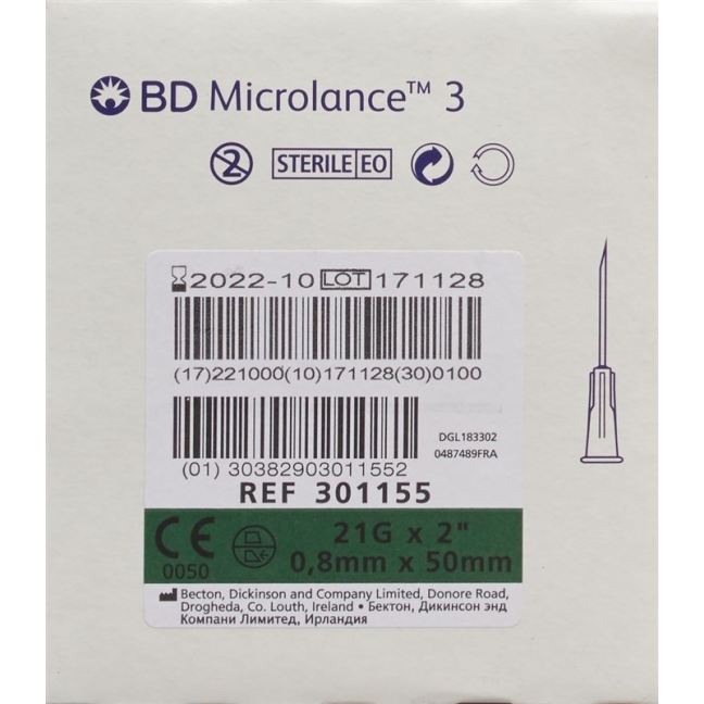 Канюля ін'єкційна BD Microlance 3 0,80х50 мм зелена 100 шт