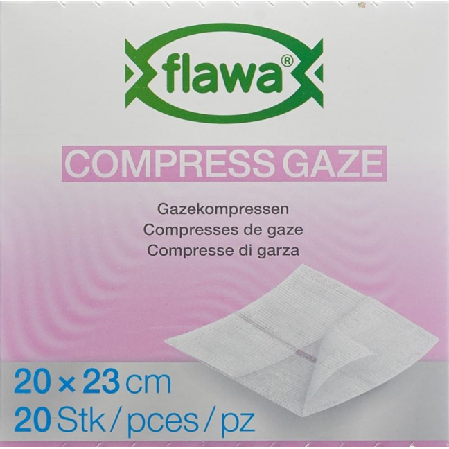 Марлевые компрессы Flawa размером 20х23 см, с антибактериальной обработкой.