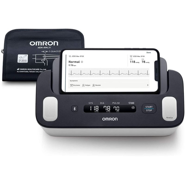 OMRON Вимірює артеріальний тиск на плечі за допомогою інтегрованого ЕКГ-радіо