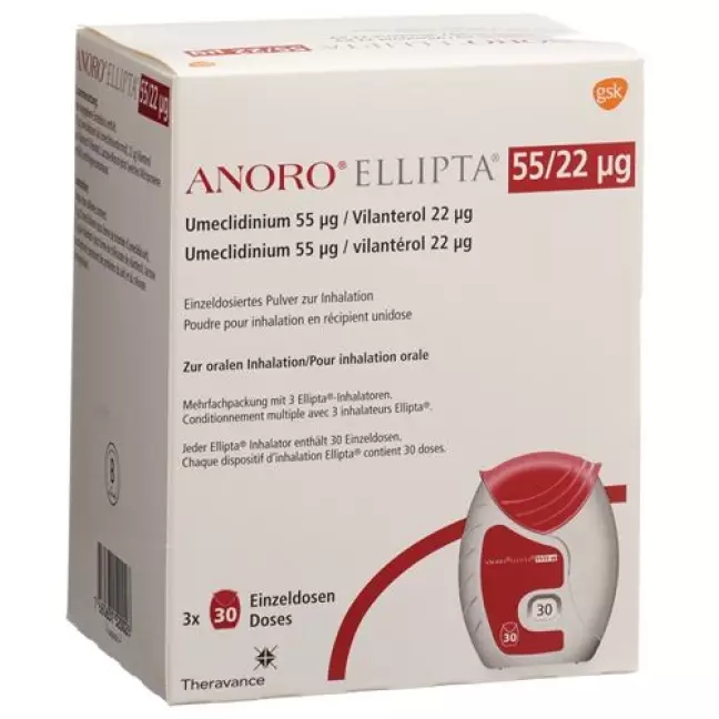 Anoro Ellipta Inh Plv 55 мкг/22 мкг 3 x 30 доз Anoro Ellipta Inh Plv 55 мкг/22 мкг 3 x 30 доз