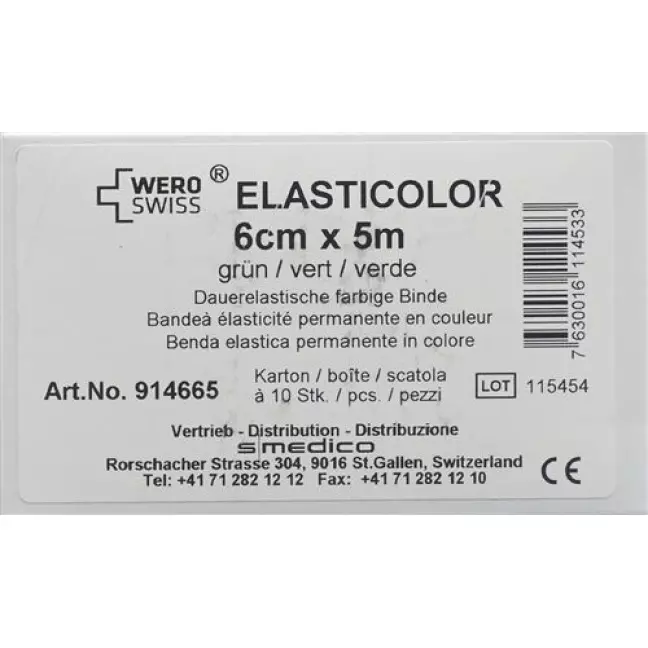 Бинти еластичні WERO SWISS Elasticolor 5мх6см зелені 10 шт Бинти еластичні WERO SWISS Elasticolor 5мх6см зелені 10 шт