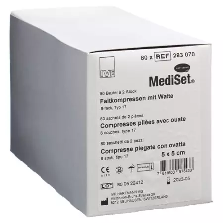 Складні компреси Mediset IVF з вати 5х5см 8 разів стерильні 80х2 Складні компреси Mediset IVF з вати 5х5см 8 разів стерильні 80х2