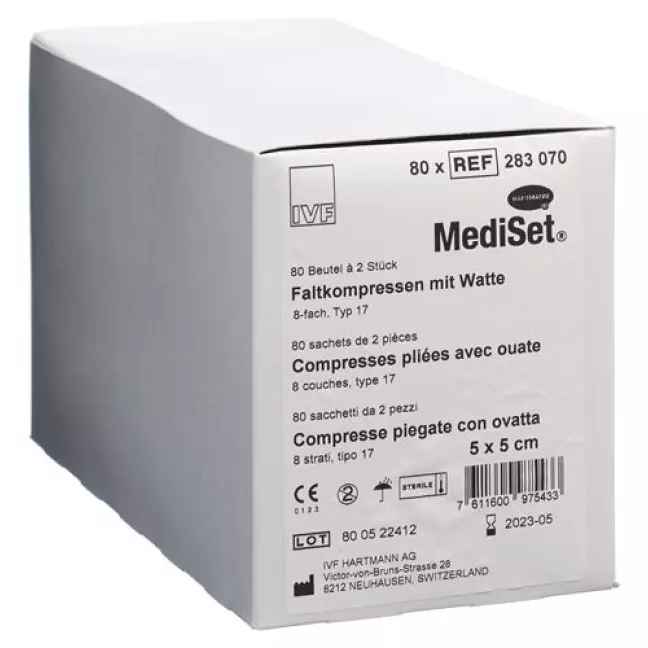 Складні компреси Mediset IVF з вати 5х5см 8 разів стерильні 80х2 Складні компреси Mediset IVF з вати 5х5см 8 разів стерильні 80х2