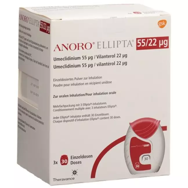 Anoro Ellipta Inh Plv 55 мкг/22 мкг 3 x 30 доз Anoro Ellipta Inh Plv 55 мкг/22 мкг 3 x 30 доз