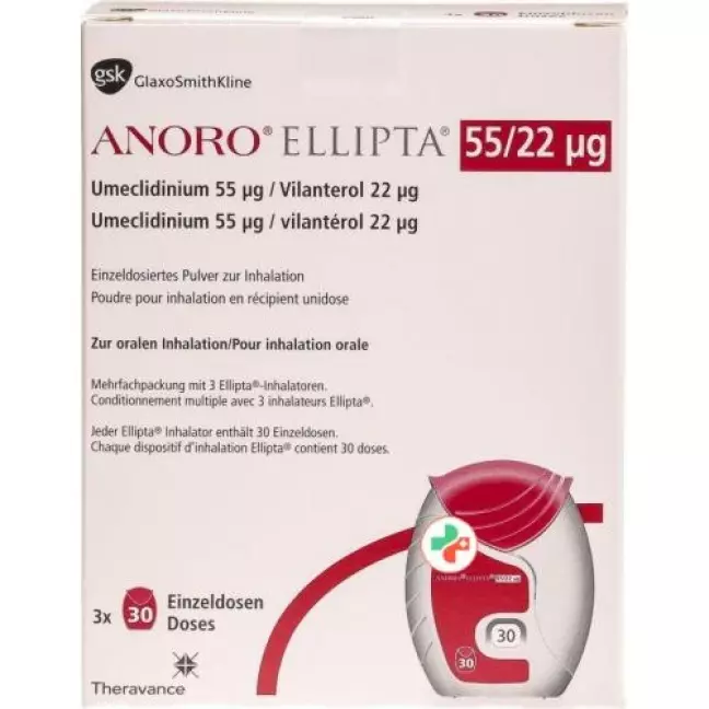 Anoro Ellipta Inh Plv 55 мкг/22 мкг 3 x 30 доз Anoro Ellipta Inh Plv 55 мкг/22 мкг 3 x 30 доз