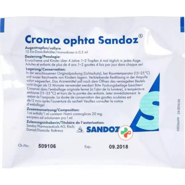Cromo ophta Sandoz Gtt Opht 20 мг/мл 20 монодоз 0,5 мл